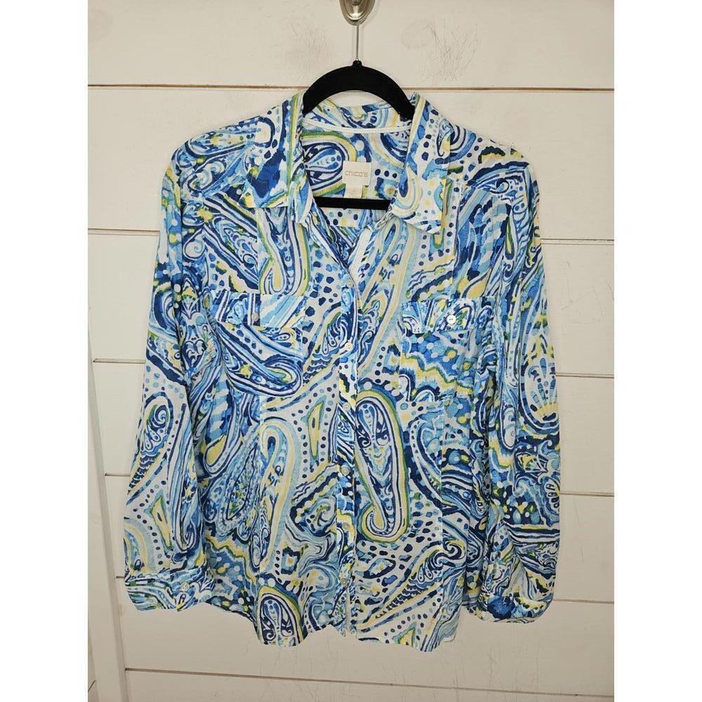 Chico's Size 2 Large Size 12 Blue white & yellow long sleeve button down blouse